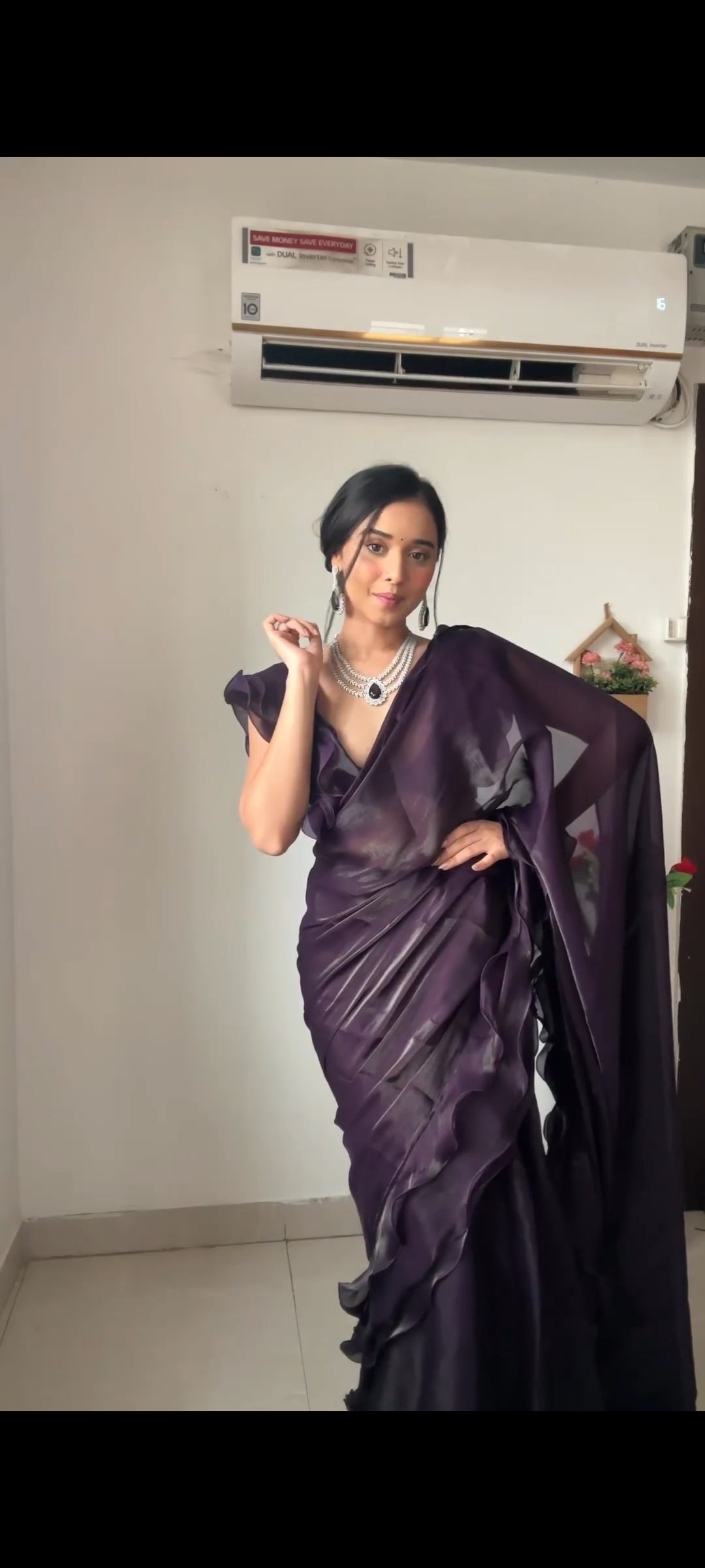 Wine Ruffle Saree