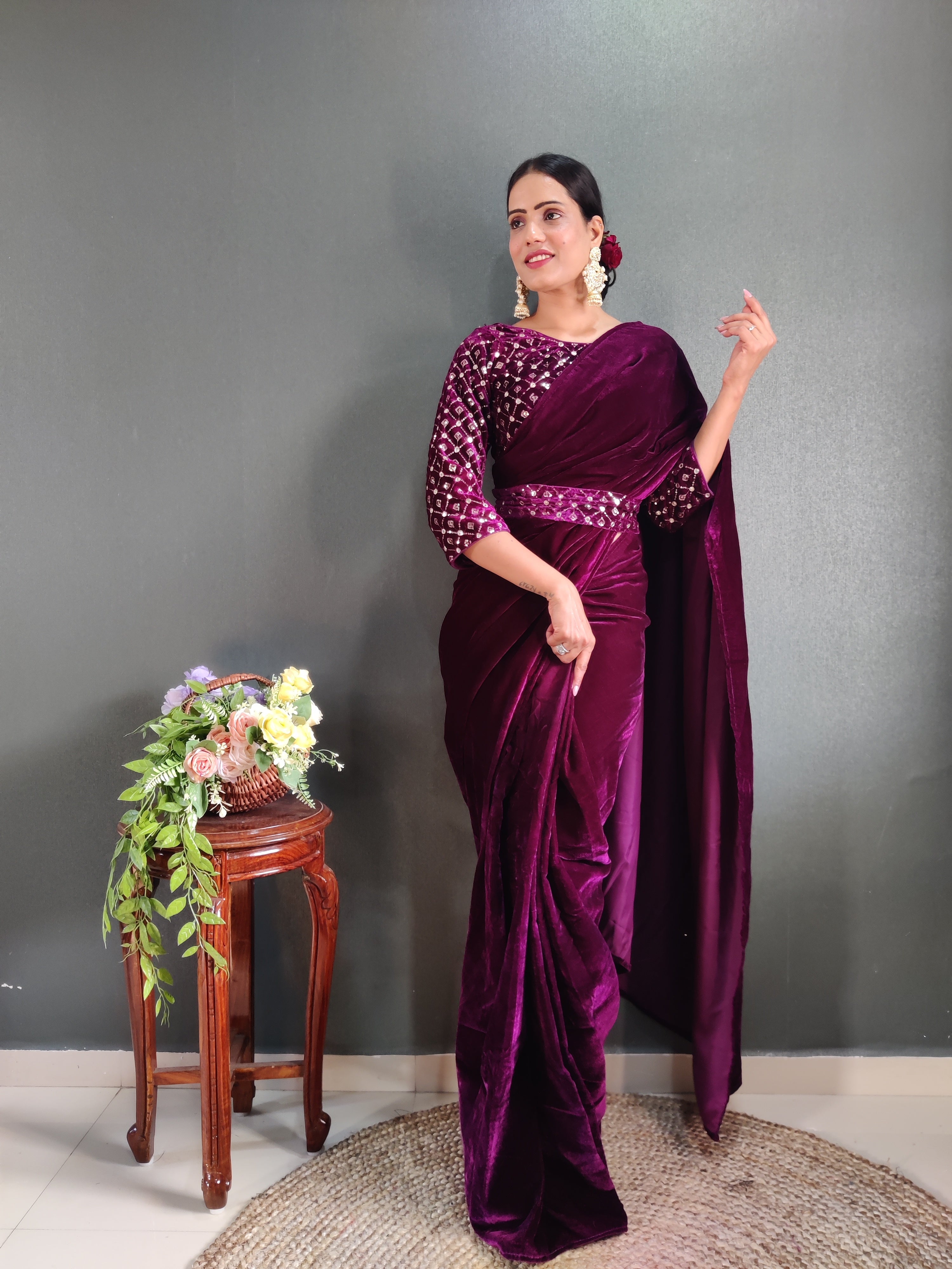 Wine Velvet Ready To Wear Saree With Stitched Blouse