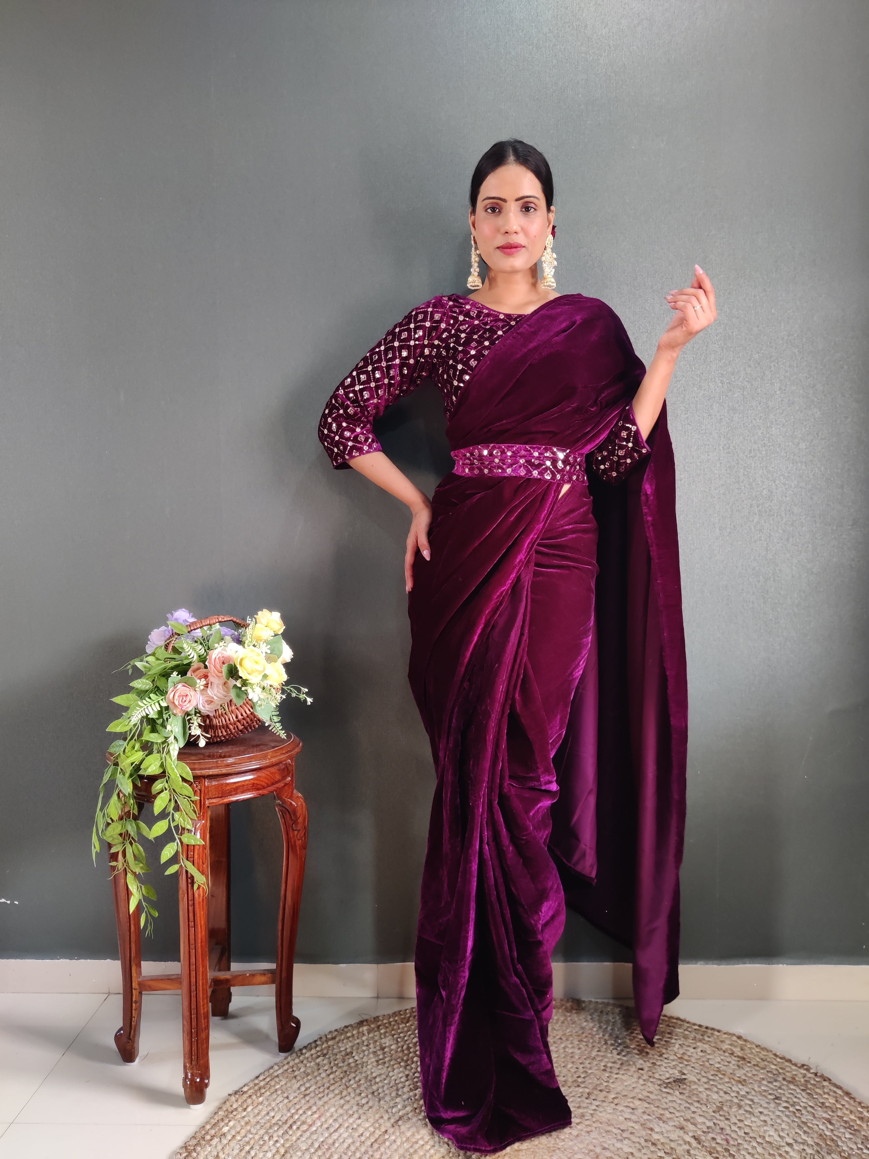 Wine Velvet Ready To Wear Saree With Stitched Blouse