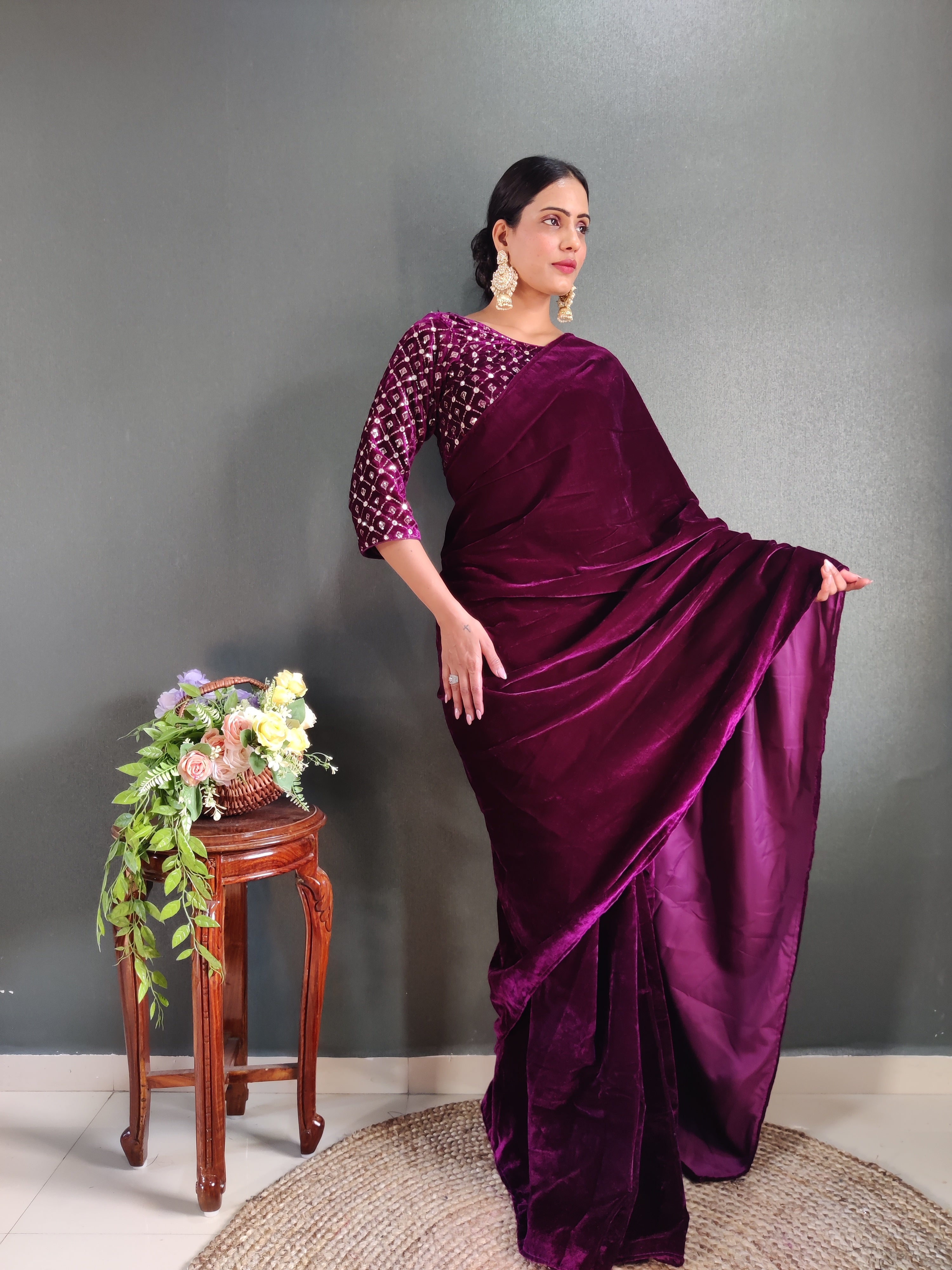 Wine Velvet Ready To Wear Saree With Stitched Blouse