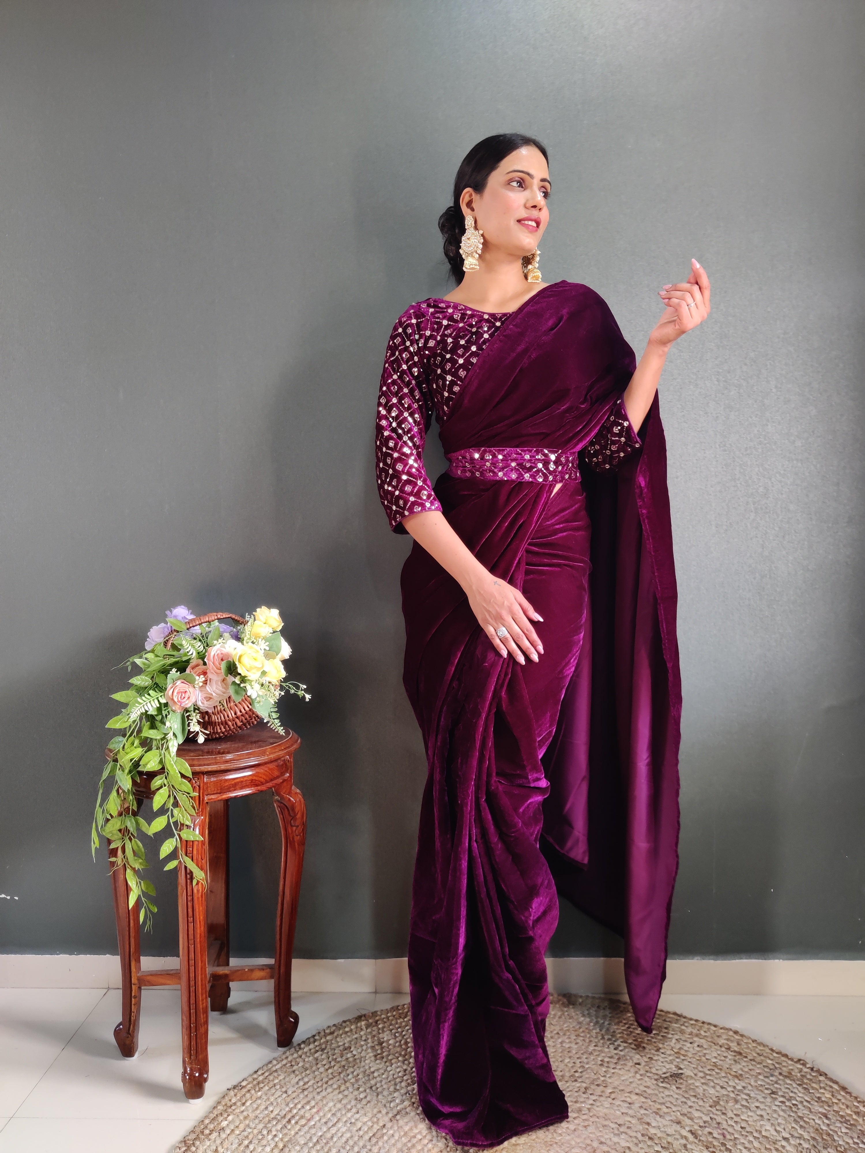 Wine Velvet Ready To Wear Saree With Stitched Blouse