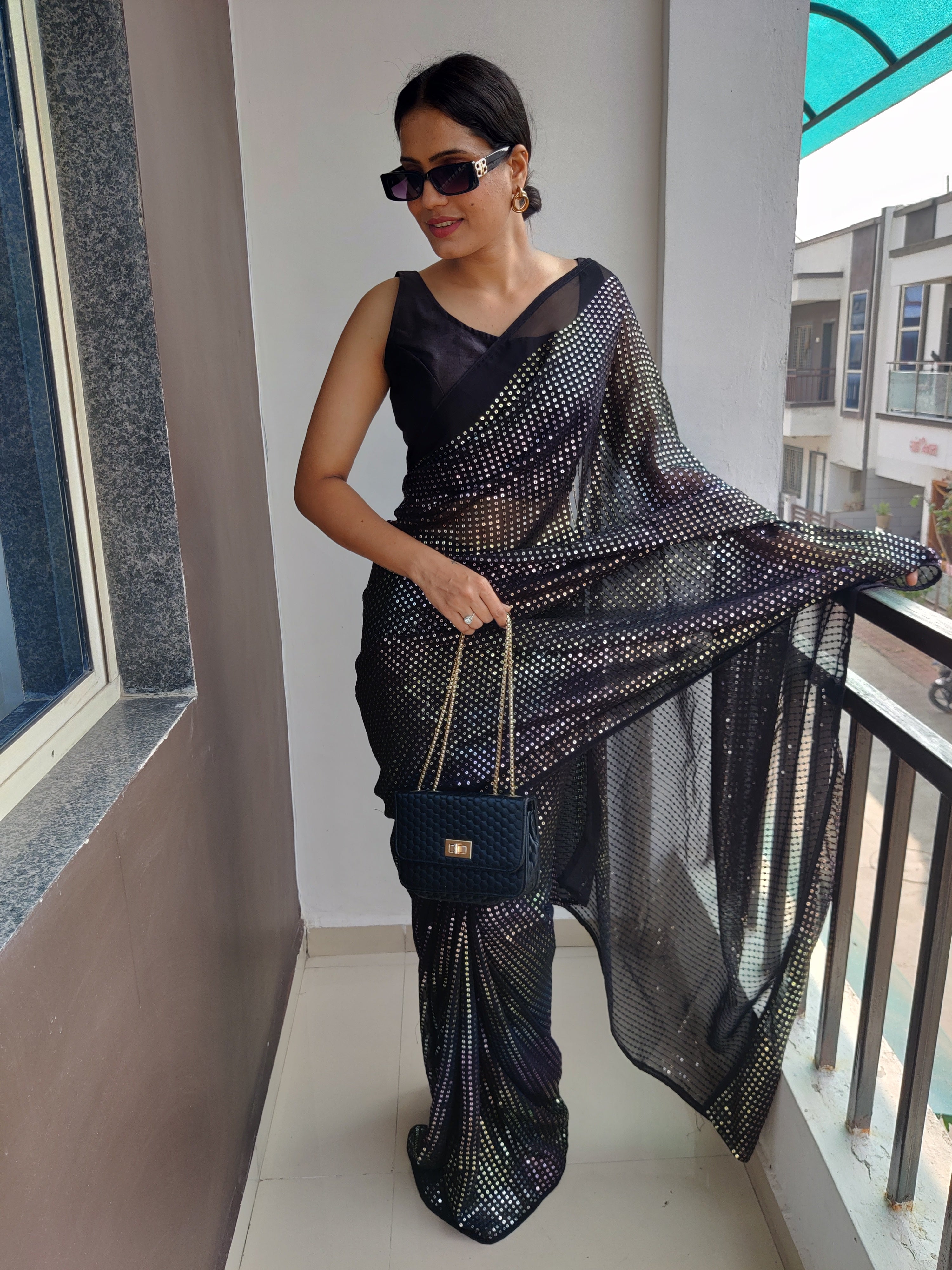 Multicolour Sequins Work Ready To Work Saree