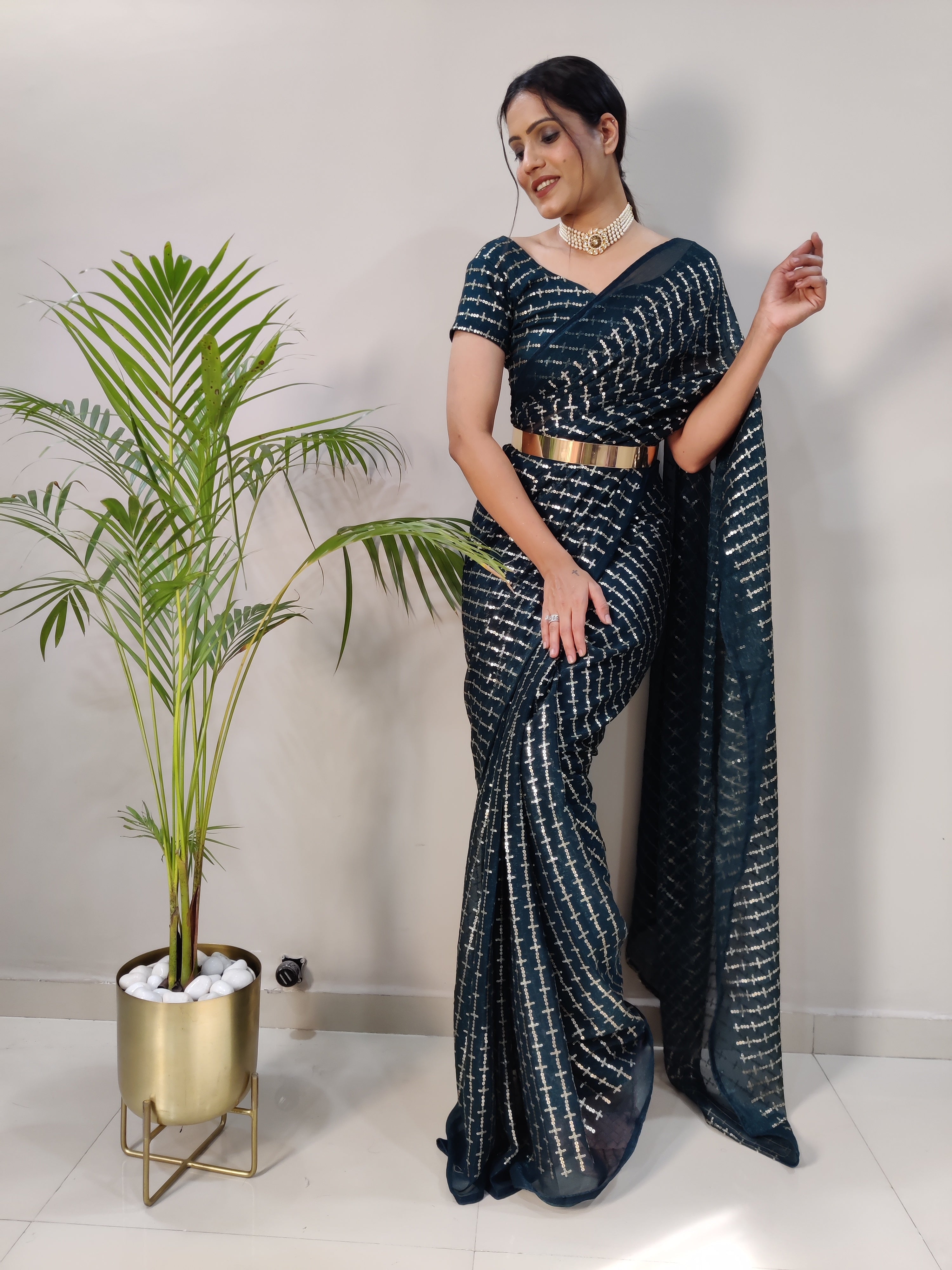 Shimmer Sequins Work Ready To Wear Saree