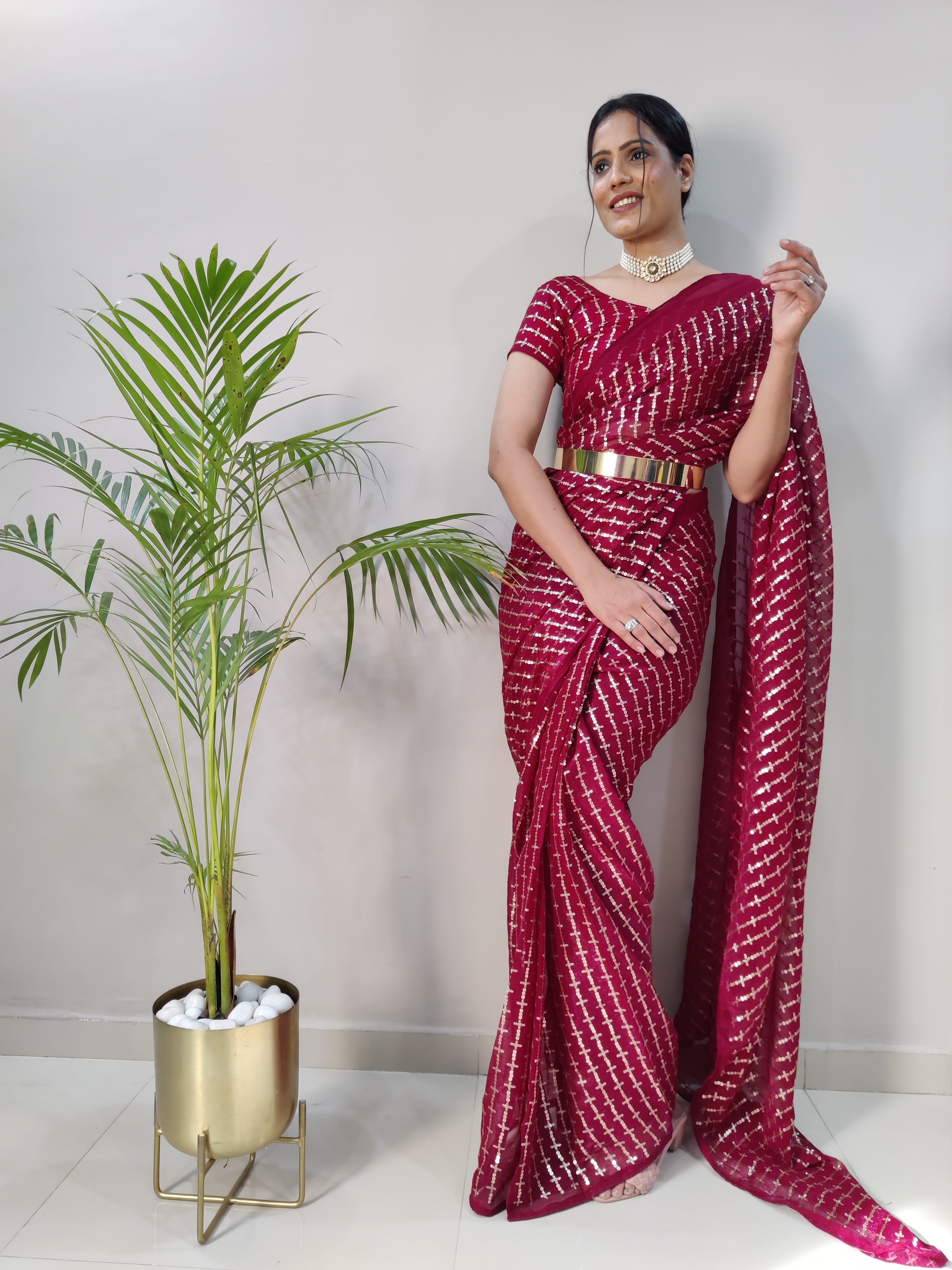 Shimmer Sequins Work Ready To Wear Saree