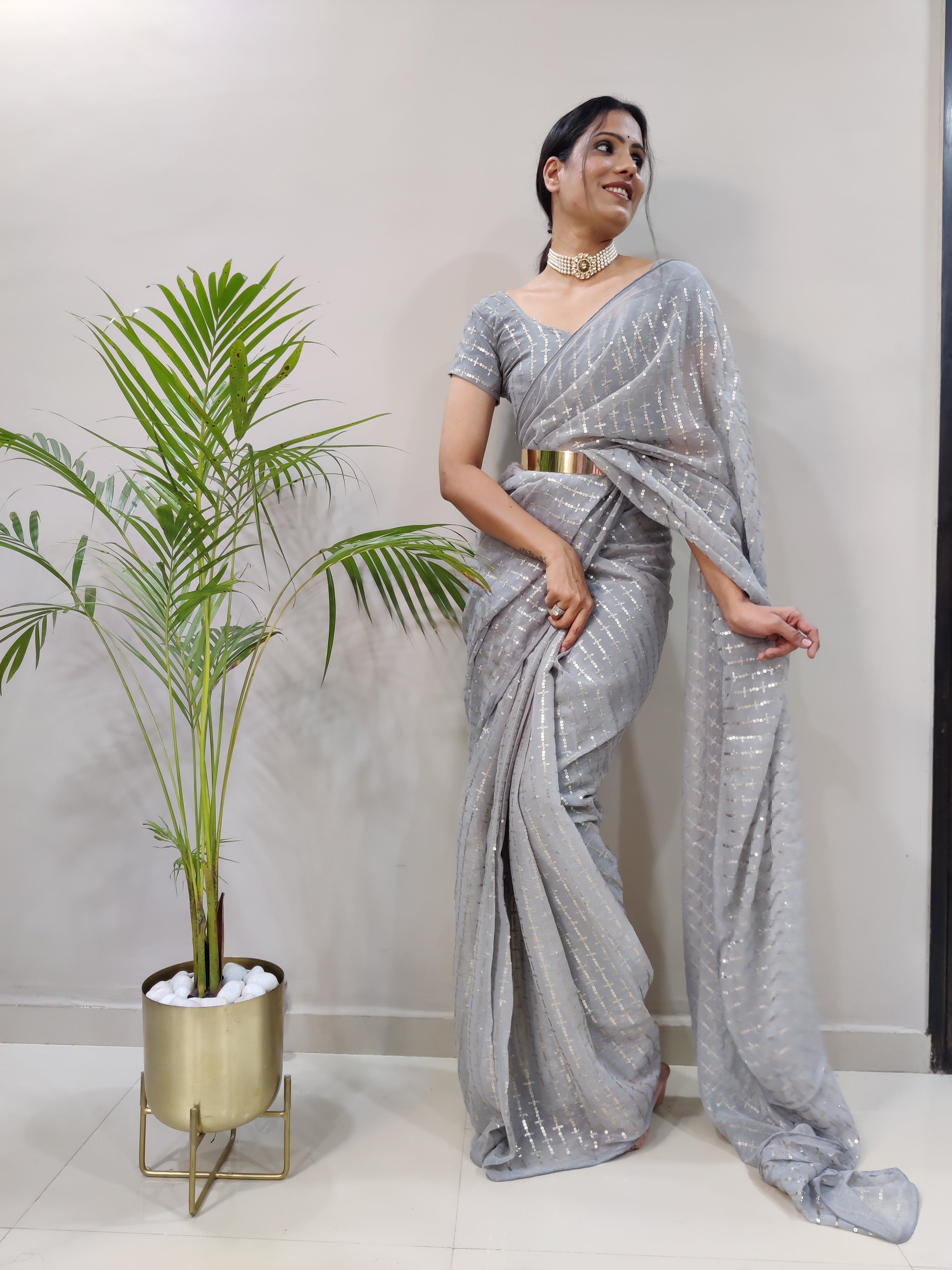 Shimmer Sequins Work Ready To Wear Saree