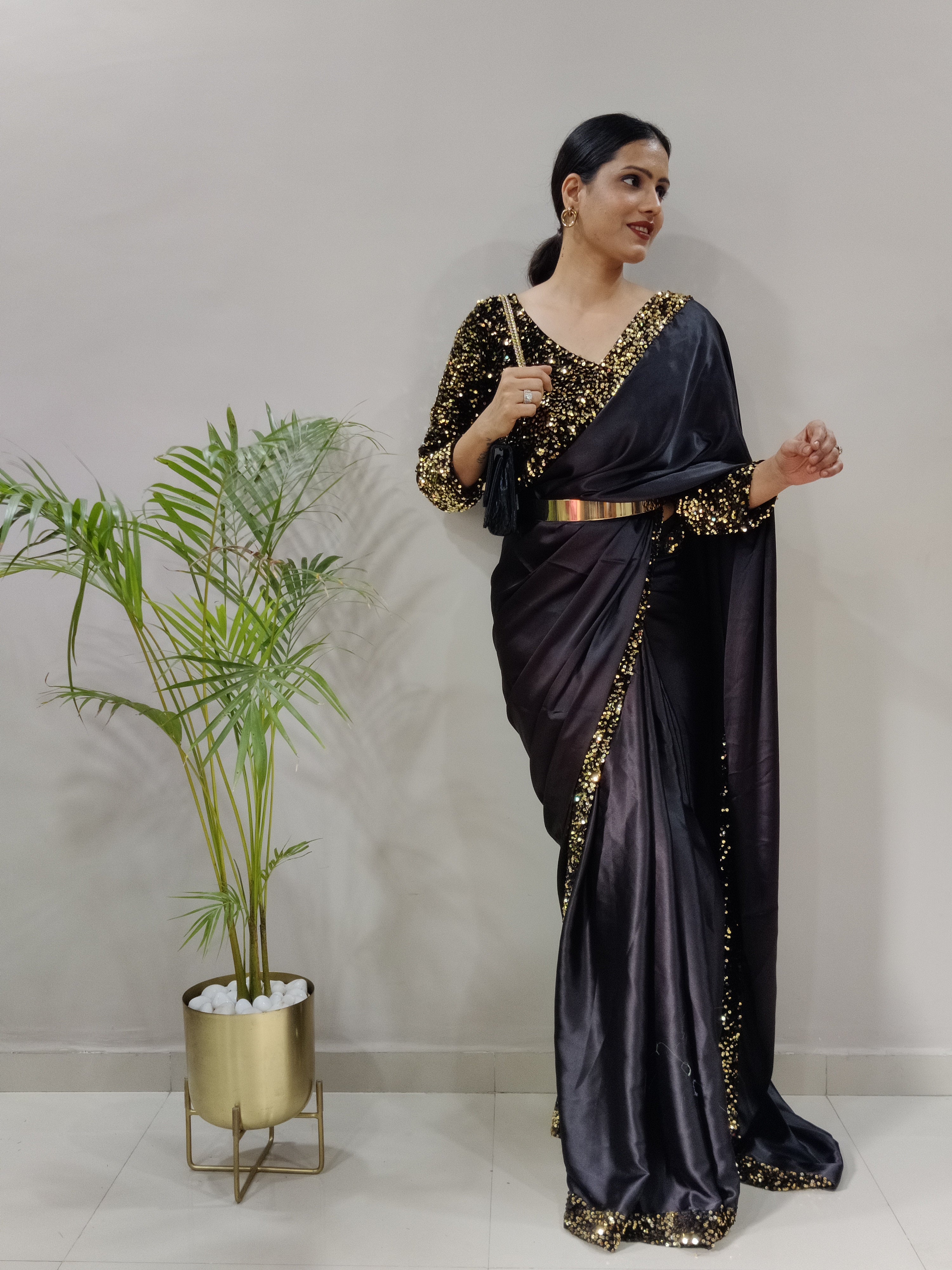 Black Satin Ready To Wear Saree