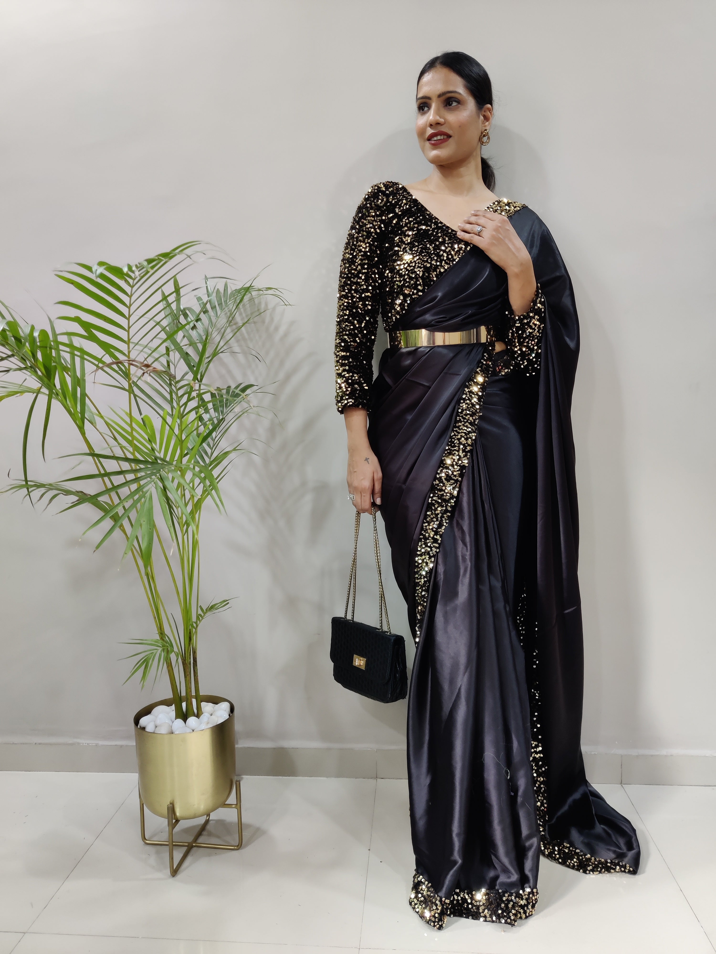 Black Satin Ready To Wear Saree