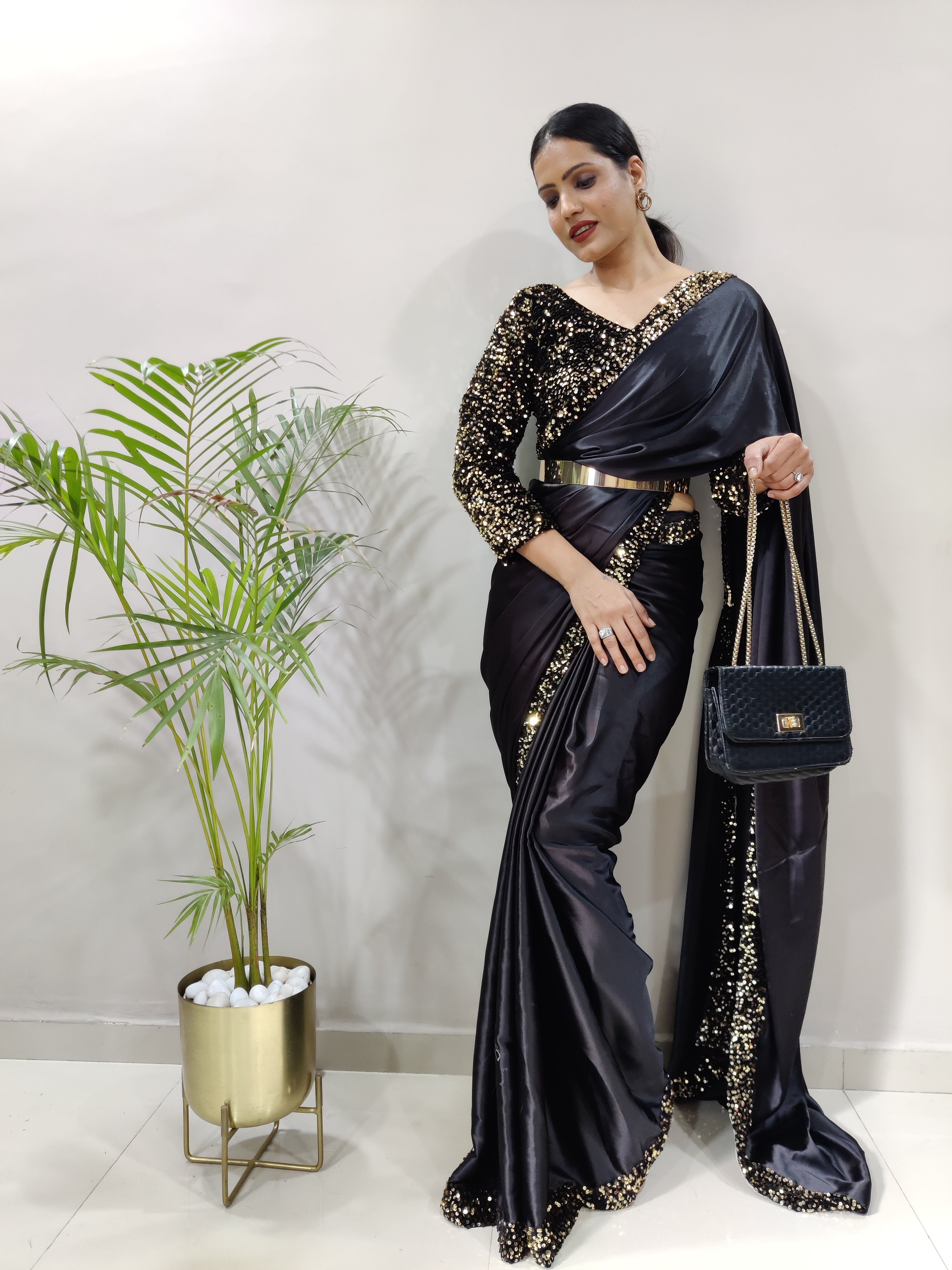 Black Satin Ready To Wear Saree