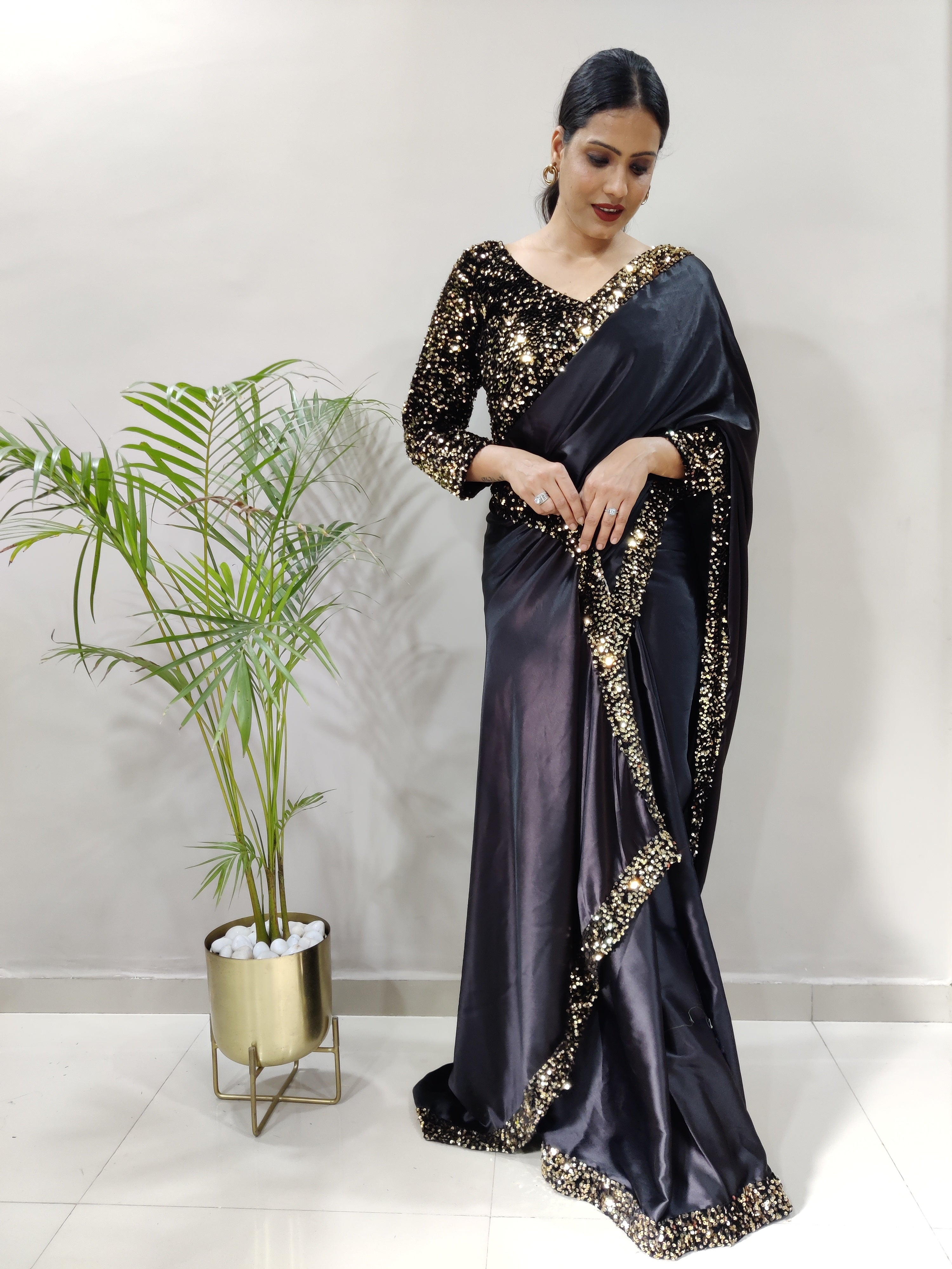 Black Satin Ready To Wear Saree