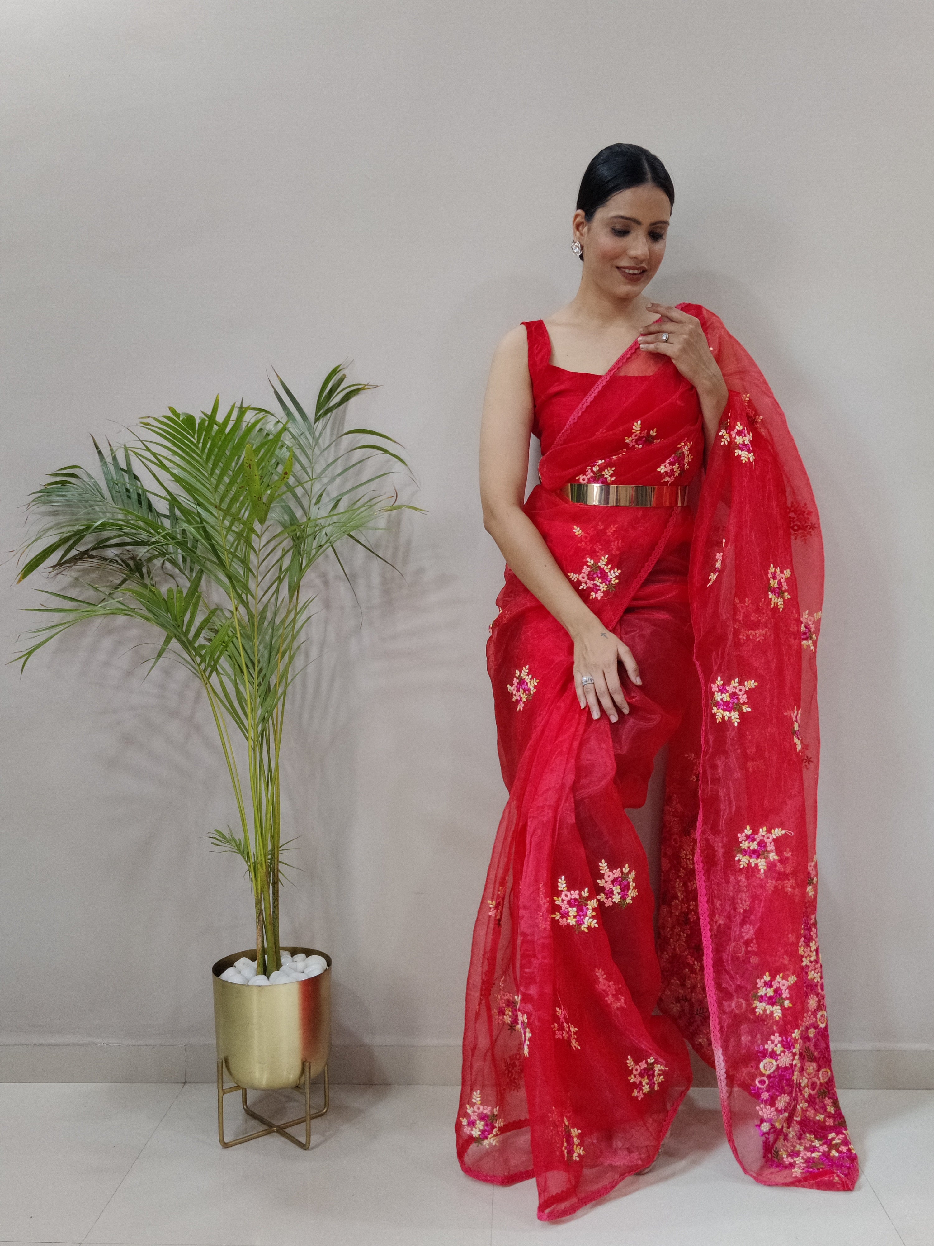 Red Organza Ready To Wear Saree