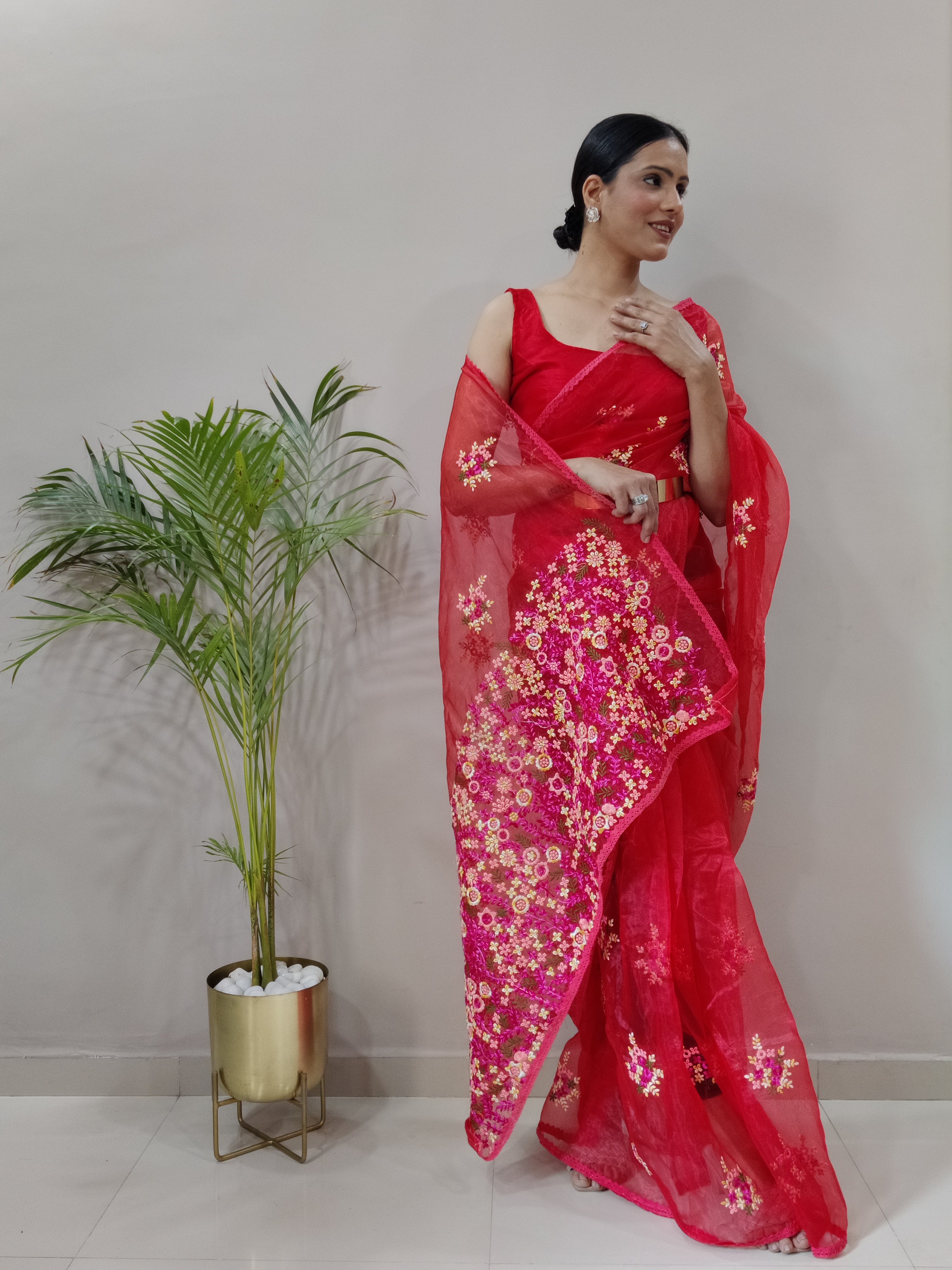 Red Organza Ready To Wear Saree