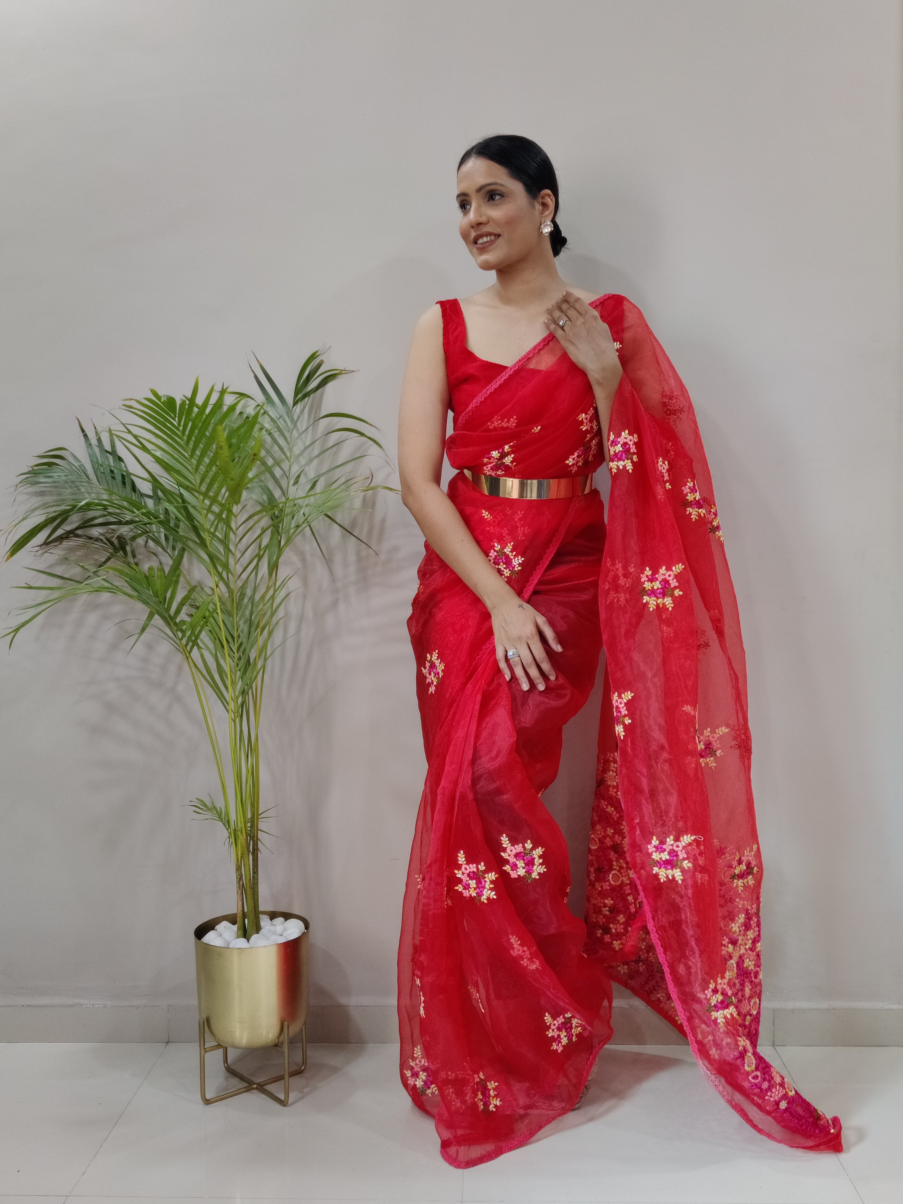 Red Organza Ready To Wear Saree