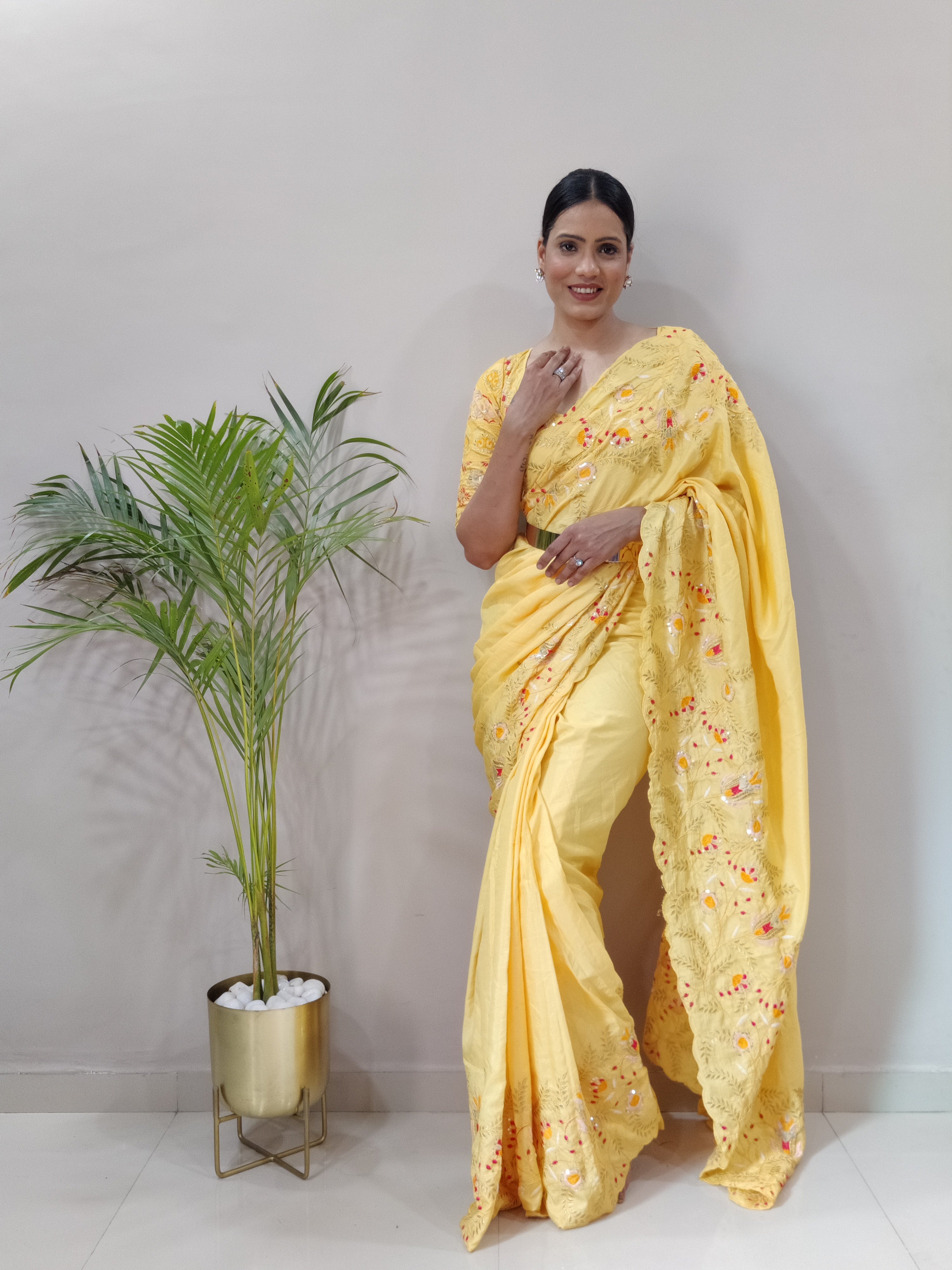 Yellow Beautiful Silk Ready To Wear Saree