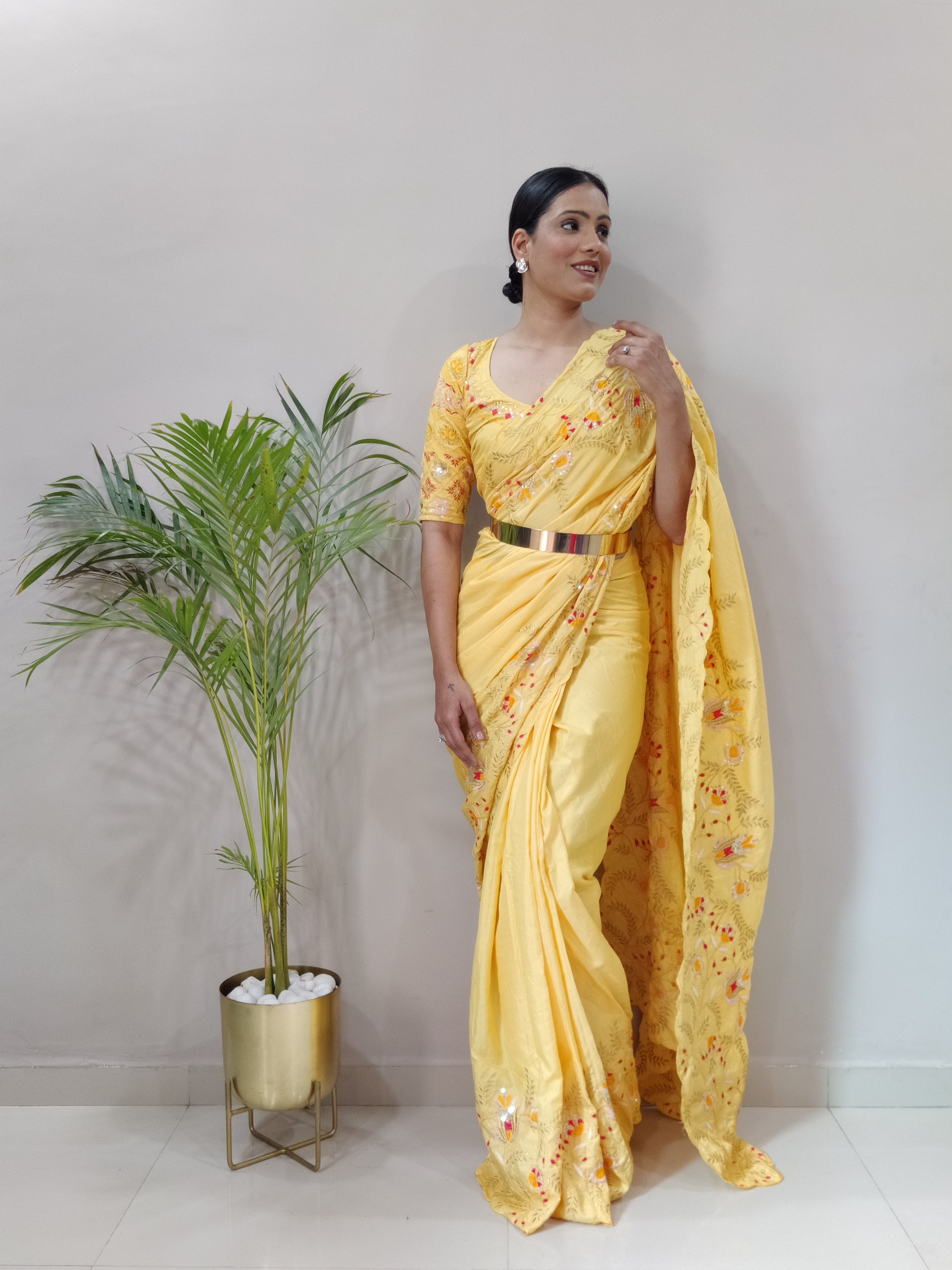 Yellow Beautiful Silk Ready To Wear Saree