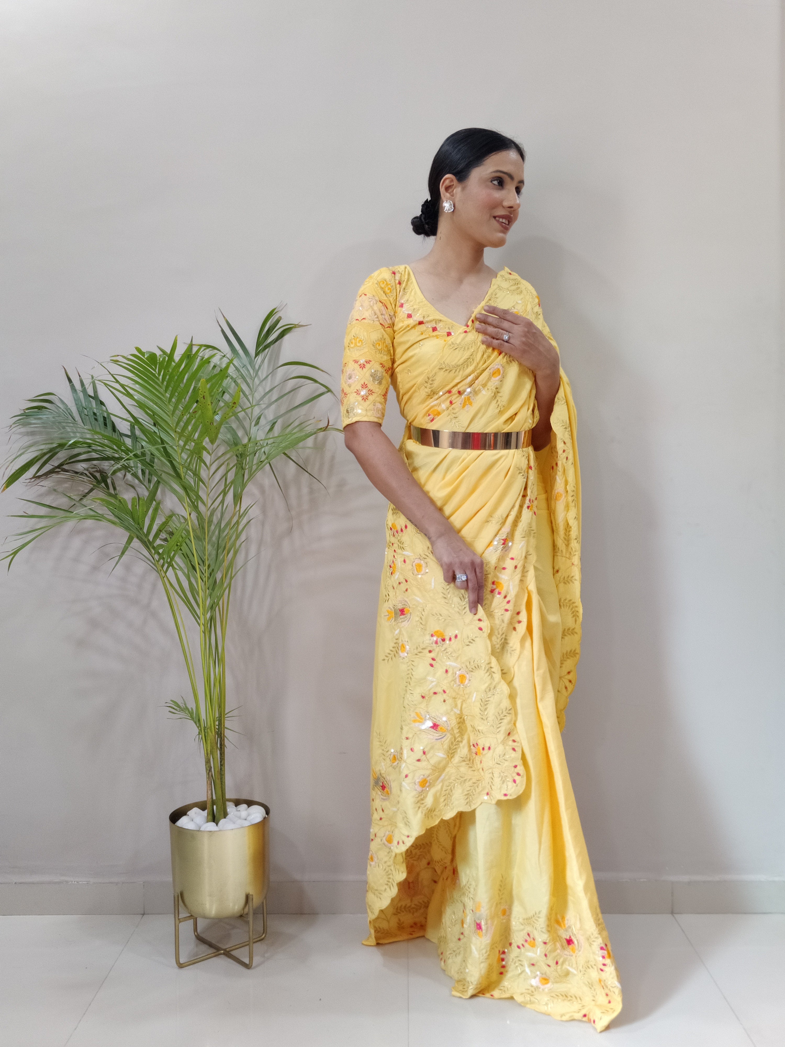 Yellow Beautiful Silk Ready To Wear Saree