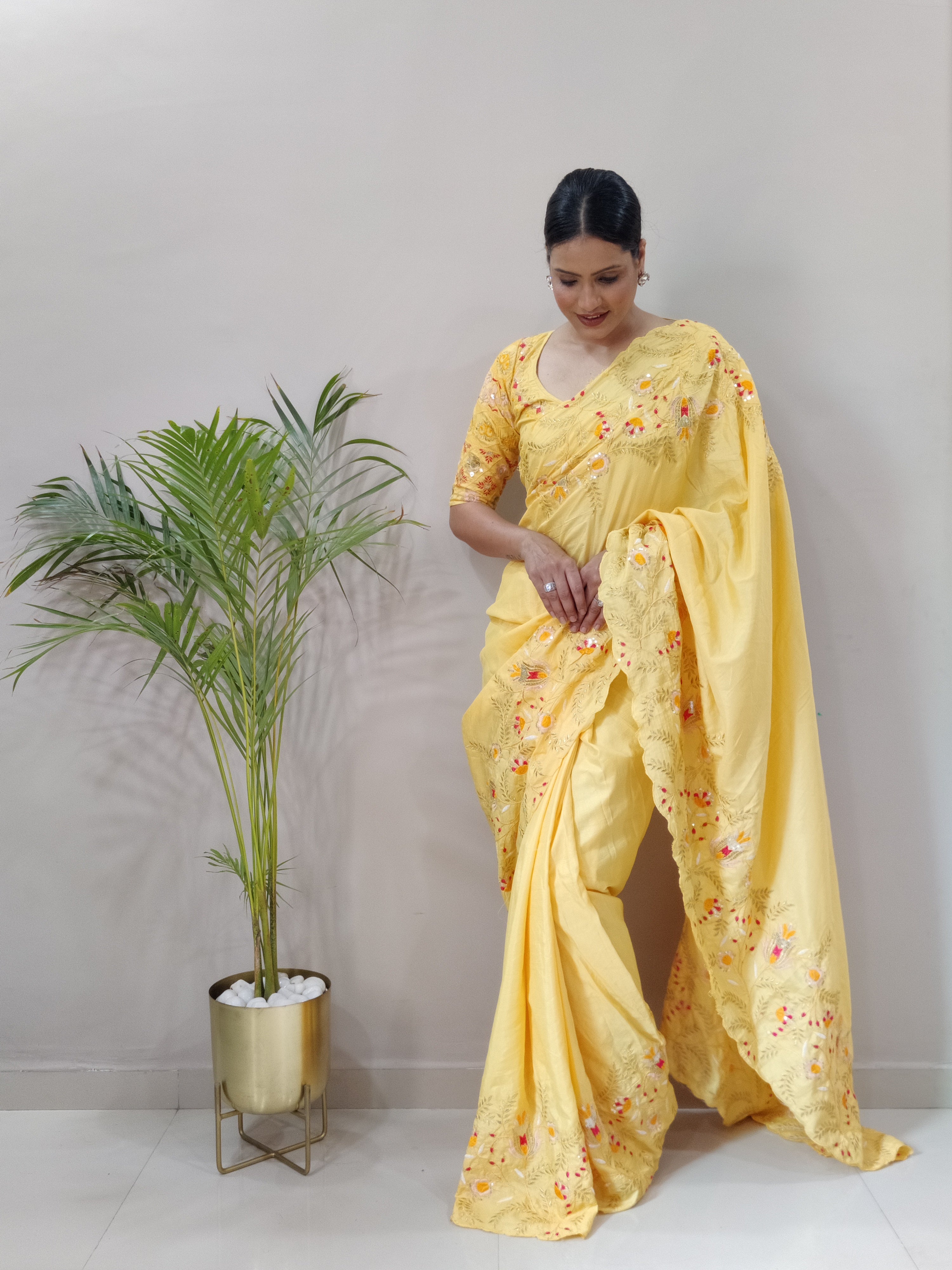 Yellow Beautiful Silk Ready To Wear Saree